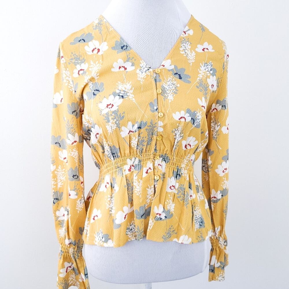 bobiBlack Los Angeles REVOLVE Floral Blouse Vneck Gathered Waist, Small, Yellow